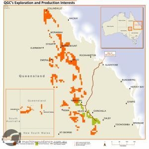 The QCLNG gathering project located in Queensland, Australia (current tenements highlighted in green)